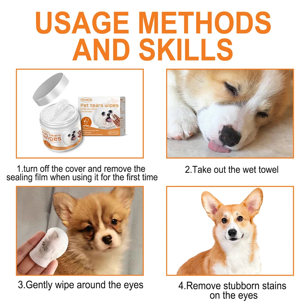 60pcs/set Eye Wet Wipes Universal Disposable Non-woven Dog Wet Wipes Ear Stain Remover Dog Cat Wipes Grooming Tools Pet Supplies