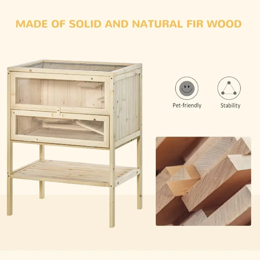 3Tier Wooden Hamster Cage Mice and Rat Cage Small Animals Hutch with Openable Top Front Door Storage Shelf Natural Wood