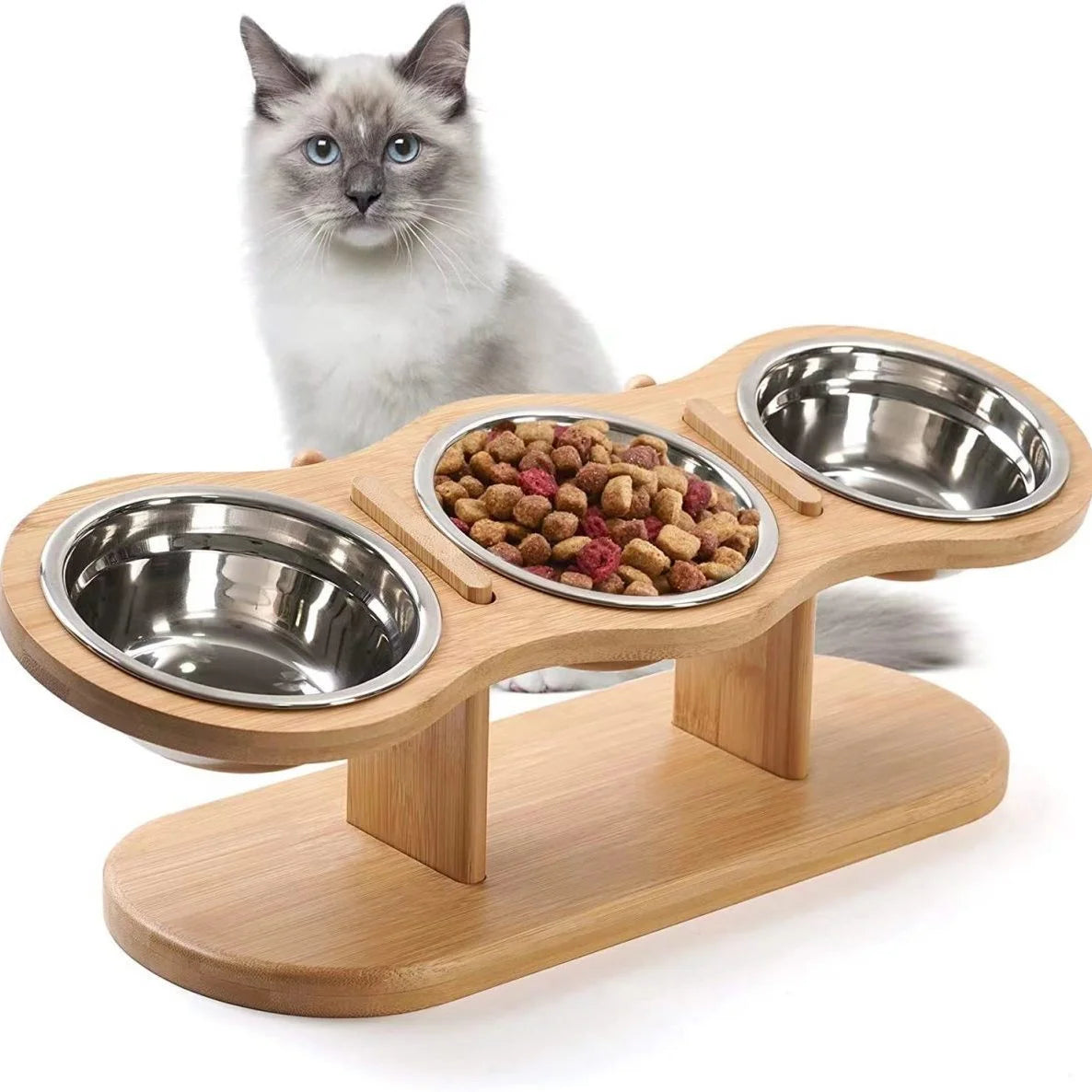 Anti Knock Pet Food Bowl with 3 Stainless Steel Bowls Wooden Pet Bowl Rack Adjustable and Detachable Suitable for Cats and Dogs