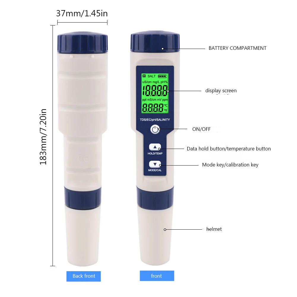 5 in 1 Digital TDS/EC/PH/Salinity/Temperature Meter PH TDS EC Salinity Temp Meter PH/EC/TDS/Salinity/Temp Multifunction Tester