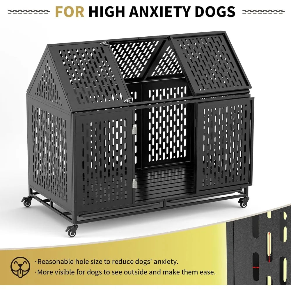 52 Inch Heavy Duty Dog Crate Extra Large Dog Cage, Indestructible XXL Dog Crate Kennel with Open Roof Top, Trays and Wheels,
