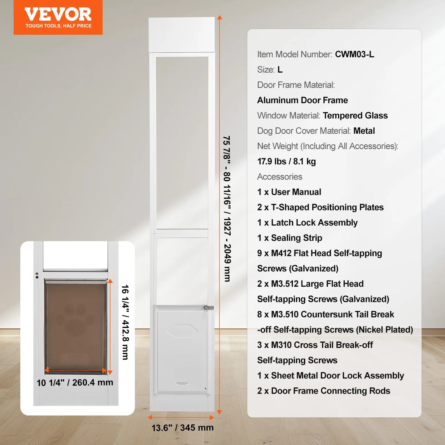 SucceBuy Dog Door Sliding Glass Door Adjustable Height Doggy Door Sliding Doors Aluminum Frame Tempered Glass Pet Door