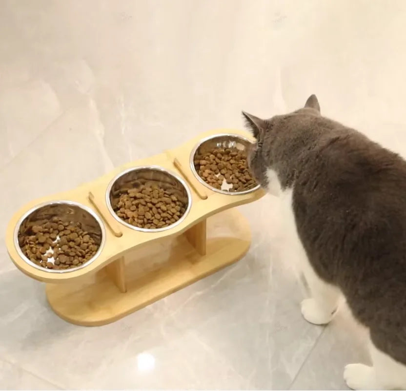 Anti Knock Pet Food Bowl with 3 Stainless Steel Bowls Wooden Pet Bowl Rack  Adjustable and Detachable Suitable for Cats and Dogs