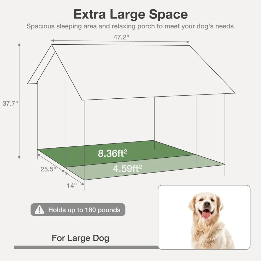 Outdoor Weatherproof Dog House, Easy to Assemble Puppy Shelter with All-Around Iron Frame & Fir Wood, Ideal for Large Dog Bree