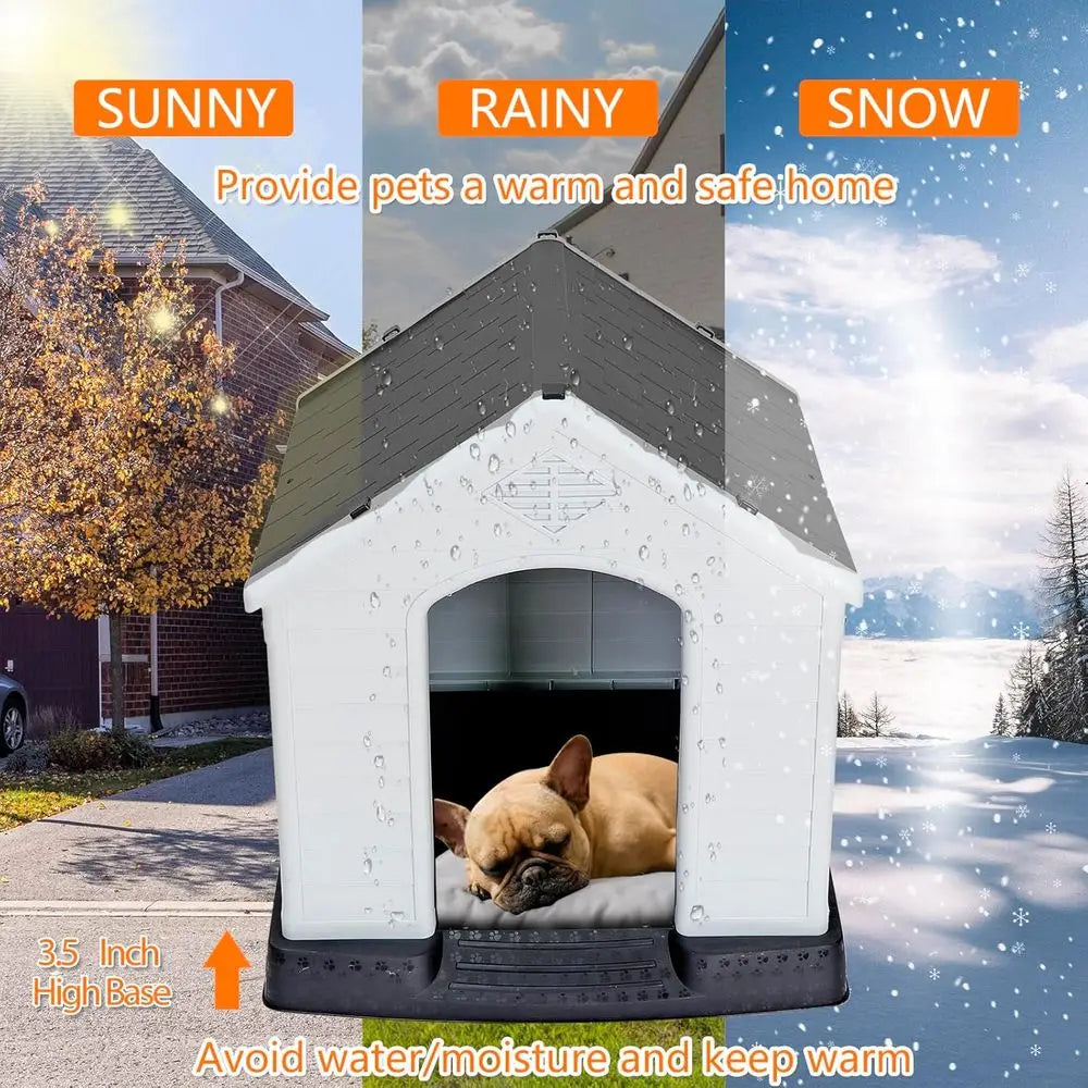 Weatherproof Insulated Dog Kennel with Air Vents, Elevated Floor for Indoor/Outdoor Use, Easy Assembly, Grey, 28 Inch