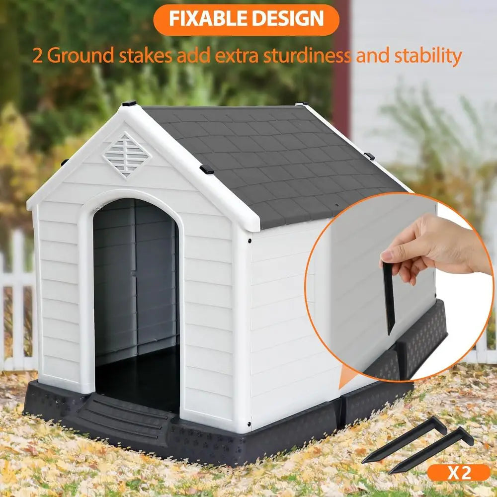 Weatherproof Insulated Dog Kennel with Air Vents, Elevated Floor for Indoor/Outdoor Use, Easy Assembly, Grey, 28 Inch