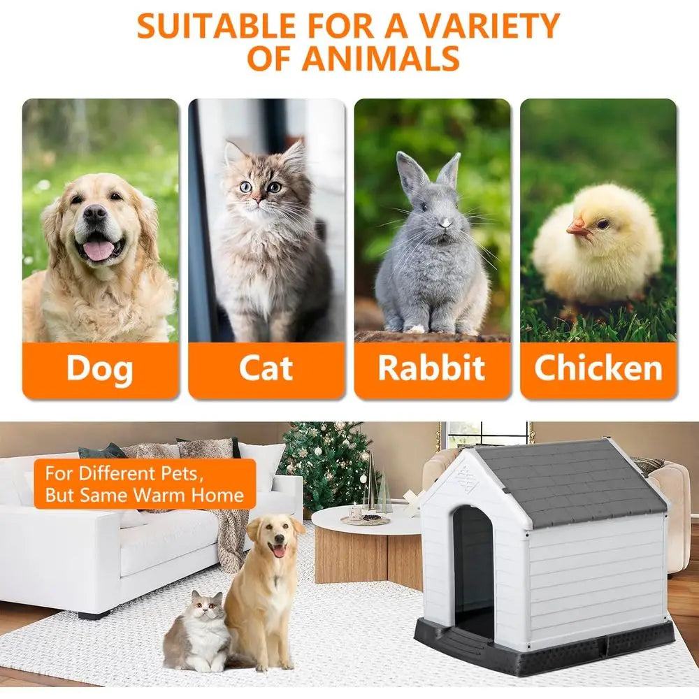 Weatherproof Insulated Dog Kennel with Air Vents, Elevated Floor for Indoor/Outdoor Use, Easy Assembly, Grey, 28 Inch