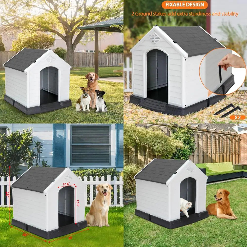 Weatherproof Insulated Dog Kennel with Air Vents, Elevated Floor for Indoor/Outdoor Use, Easy Assembly, Grey, 28 Inch