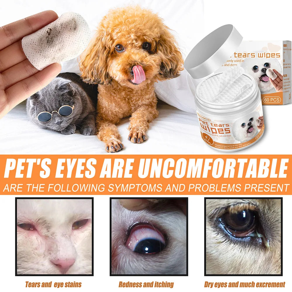 60pcs/set Eye Wet Wipes Universal Disposable Non-woven Dog Wet Wipes Ear Stain Remover Dog Cat Wipes Grooming Tools Pet Supplies