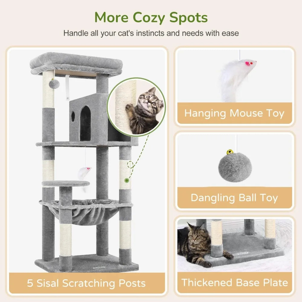 Cat Tree Tower with Scratching Post for Indoor Cats, 53inch Tall Plush Multi-Level Cat ClimTower