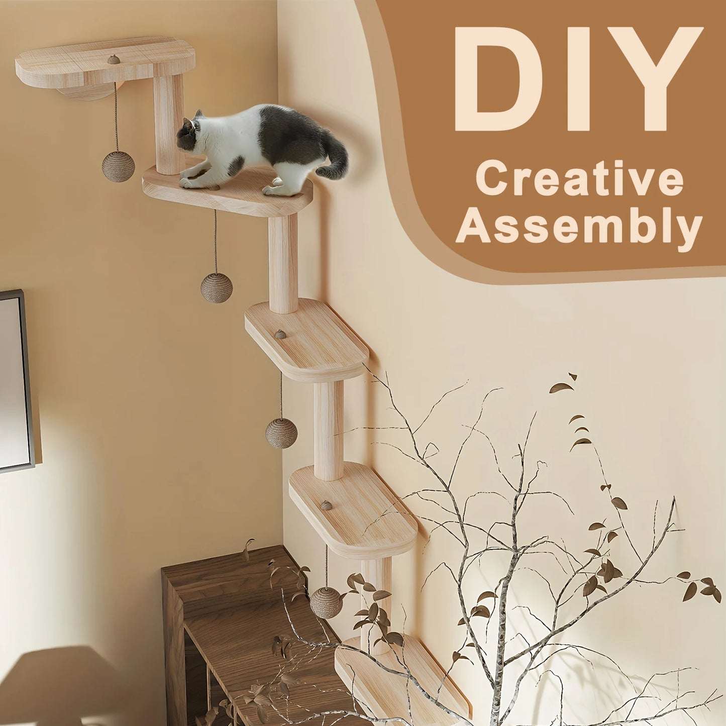 Wall Mounted Wooden Cat Climbing Frame with 5 Step Wooden Cat Ladder Frame Cat Wall Steps Shelves for Climb Play Nap Scratch