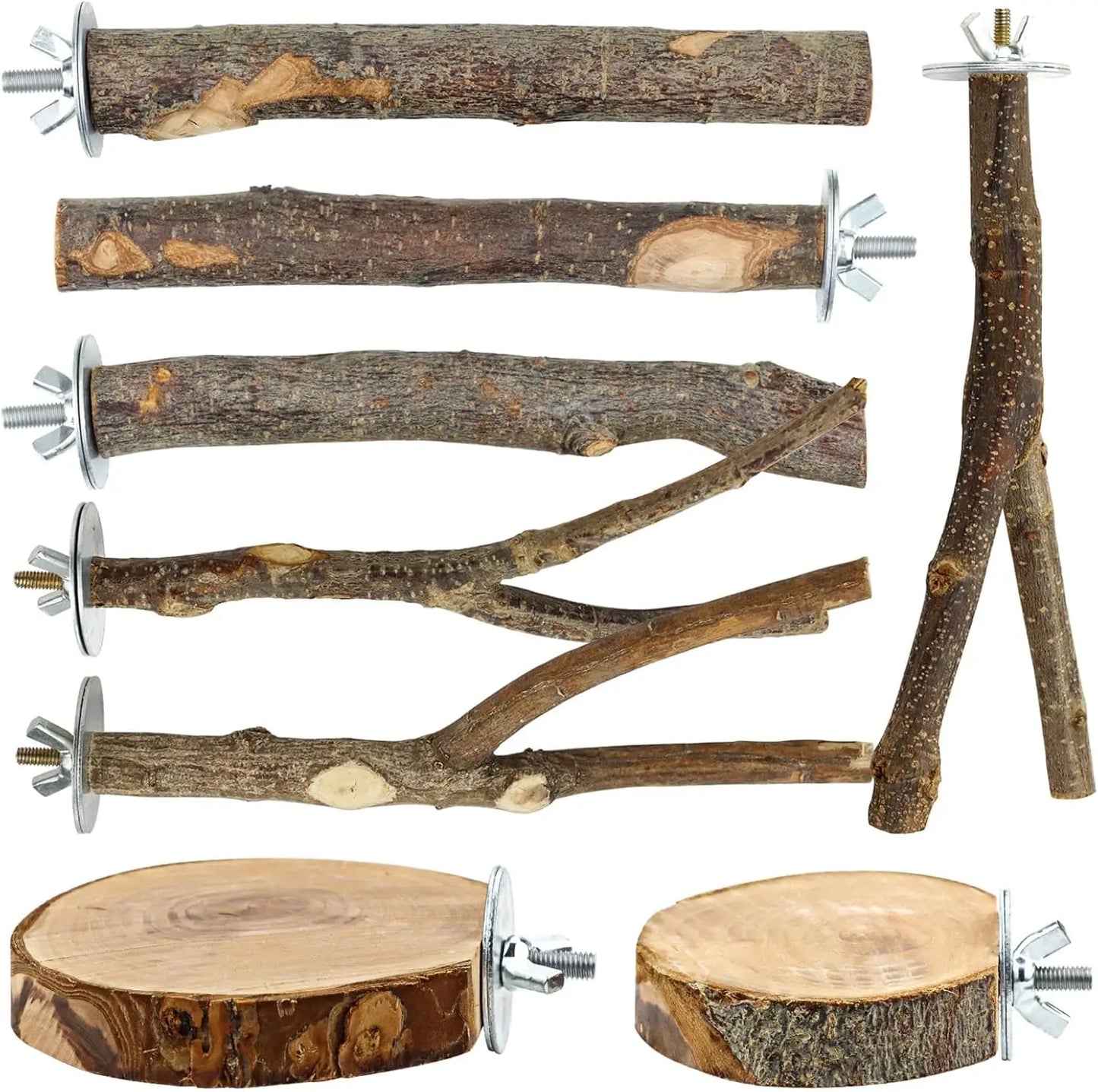 8PCS Natural Wood Bird Perches – Multi-Branch Cage Stand & Platform for Parakeets, Budgies, Cockatiels & Small Parrots