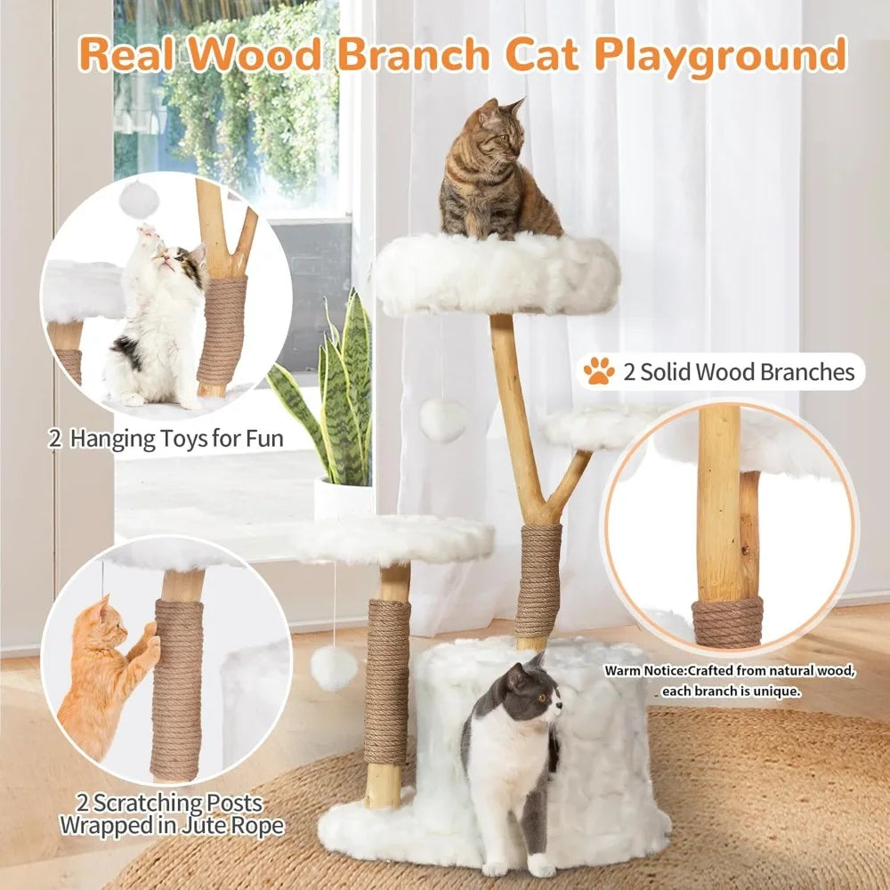 Cloud Cat Tree Tower, Solid Natural Wood Branches, Modern, Aesthetic, Unique, Cat-Approved, 34" L x 17.7" W x 41.7", Customized