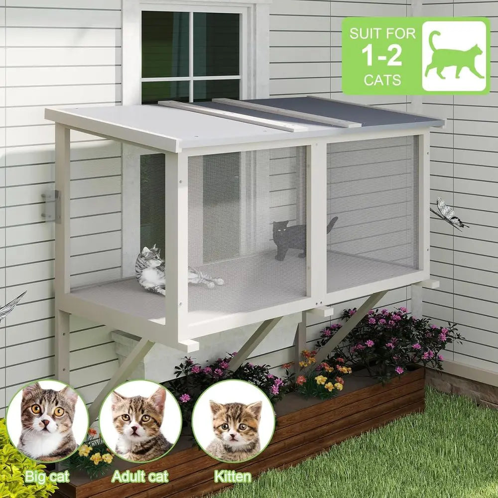 46.8 Long Wooden Window Catio for 1-3 Cats, Outdoor or Indoor, Wall-Mounted Perch for Wood or Cement