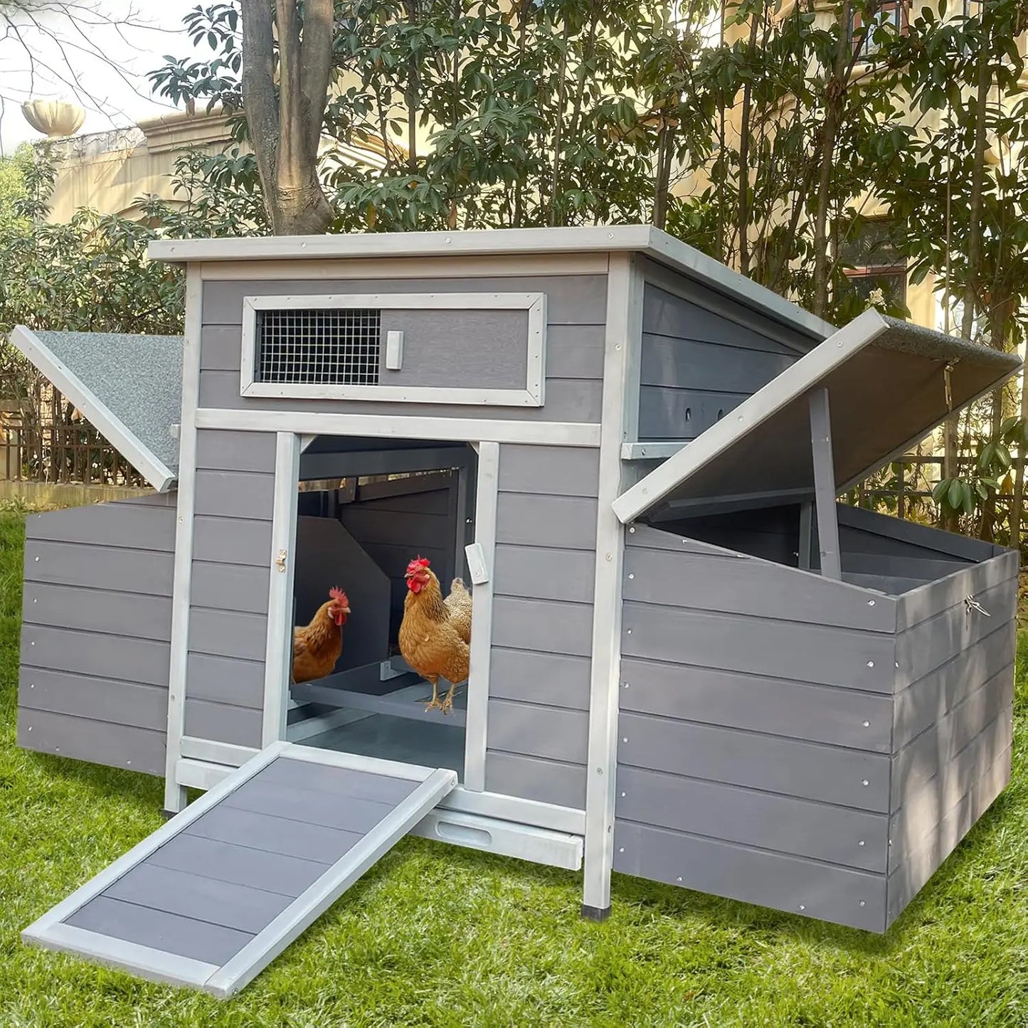 Chicken Coop, 58" Wooden Chicken Coop with 2 Sides Large Nesting Boxes for 4-6 Chickens, Poultry Hutch Rabbit Cage, Customized
