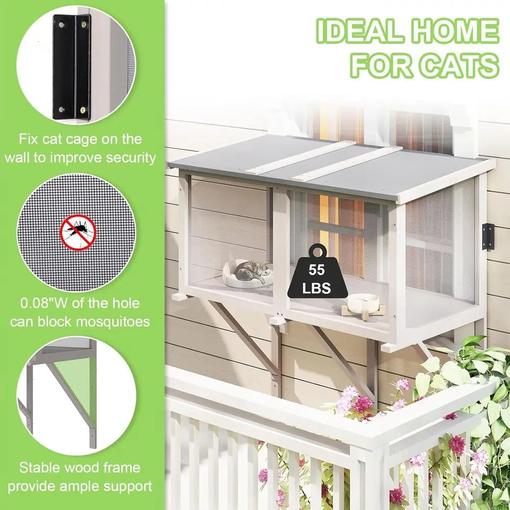 46.8 Long Wooden Window Catio for 1-3 Cats, Outdoor or Indoor, Wall-Mounted Perch for Wood or Cement