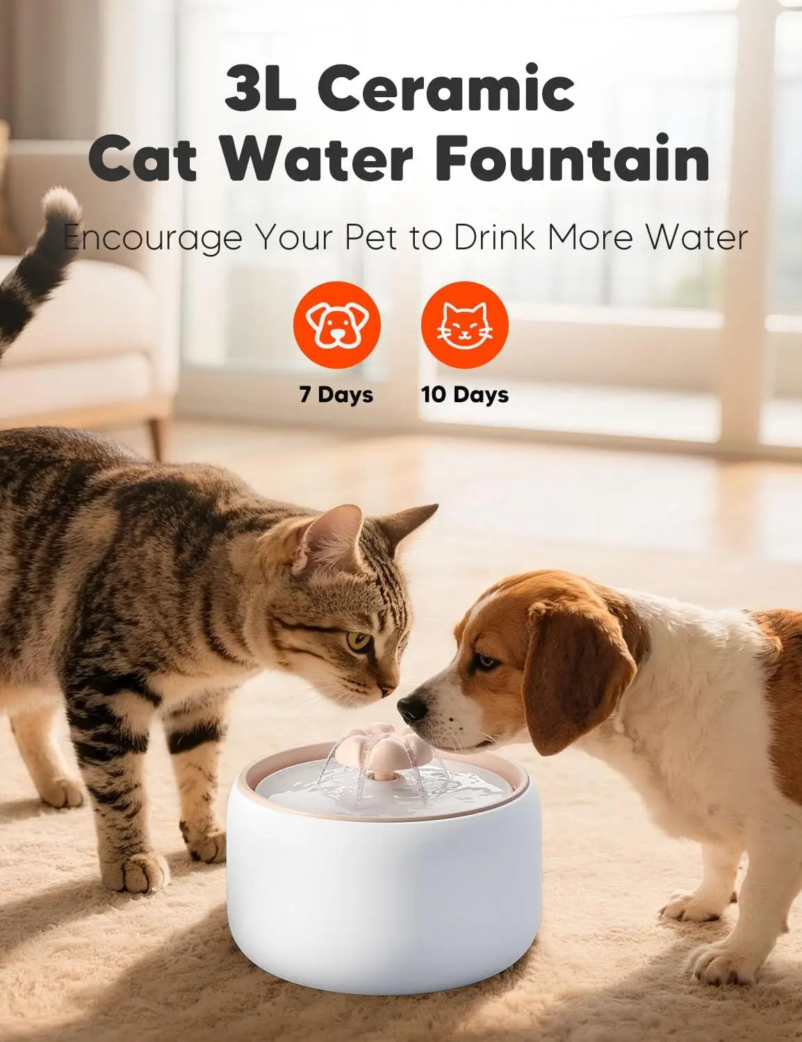 Premium Ceramic Pet Water Fountain, 3L Automatic Quiet Pump with Filter for Cats and Dogs, Dishwasher Safe