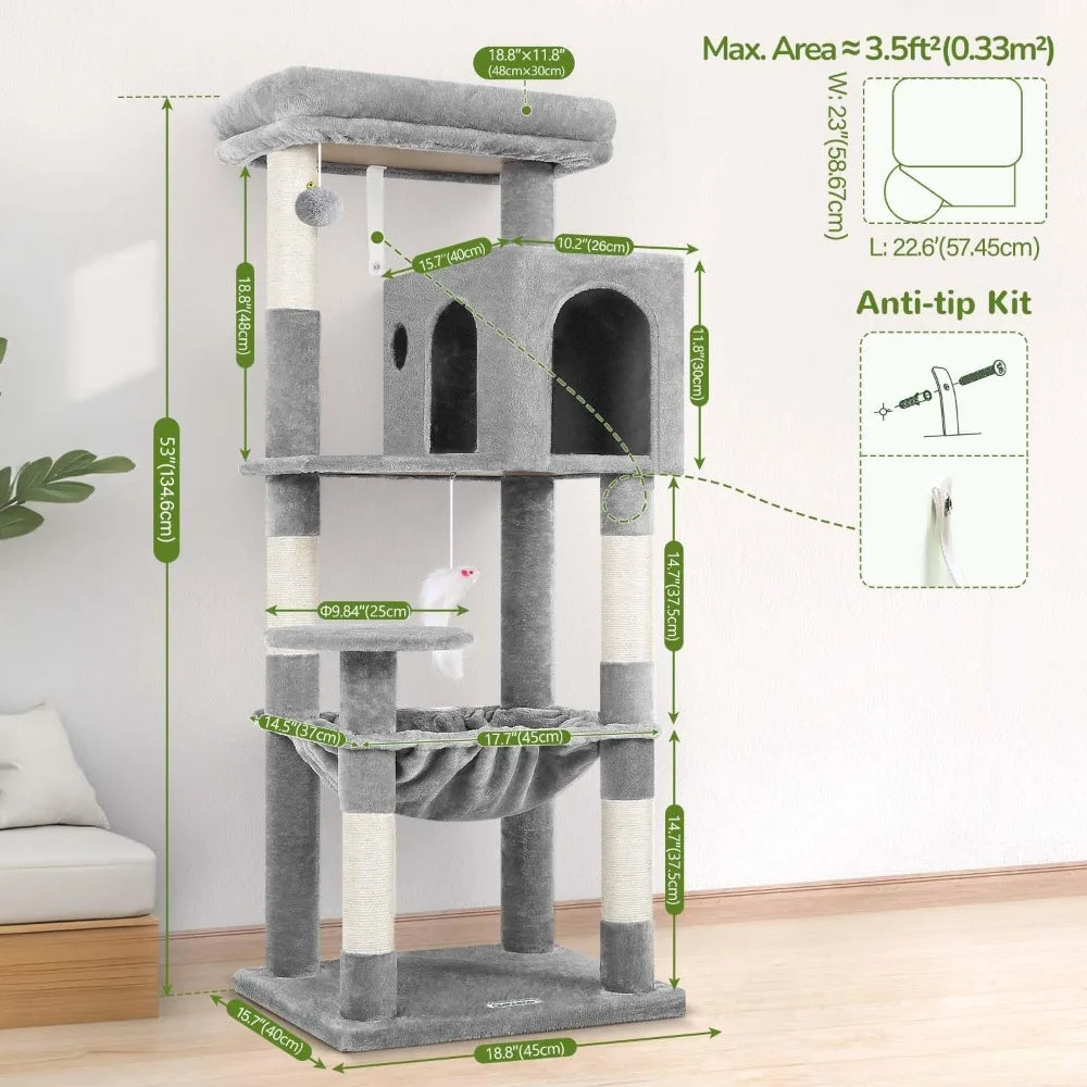 Cat Tree Tower with Scratching Post for Indoor Cats, 53inch Tall Plush Multi-Level Cat ClimTower