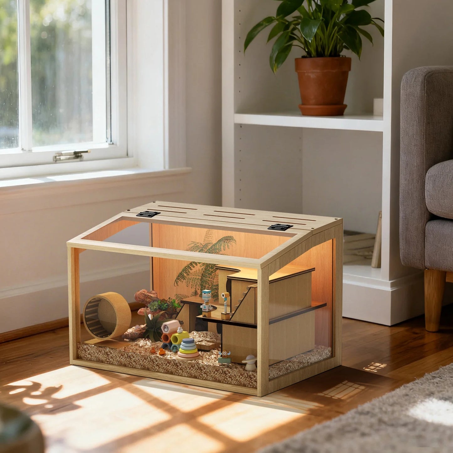 60/80CM Hamster Cage Chewproof Wooden Guinea Pig Cages Habitat House Tempered Glass Panels Built-in LED Light