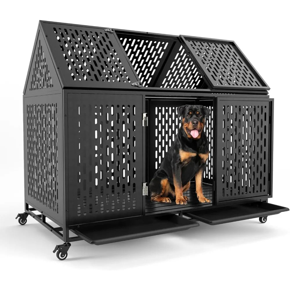 52 Inch Heavy Duty Dog Crate Extra Large Dog Cage, Indestructible XXL Dog Crate Kennel with Open Roof Top, Trays and Wheels,