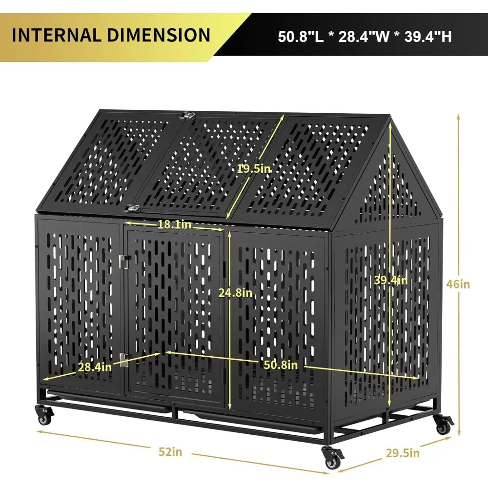 52 Inch Heavy Duty Dog Crate Extra Large Dog Cage, Indestructible XXL Dog Crate Kennel with Open Roof Top, Trays and Wheels,