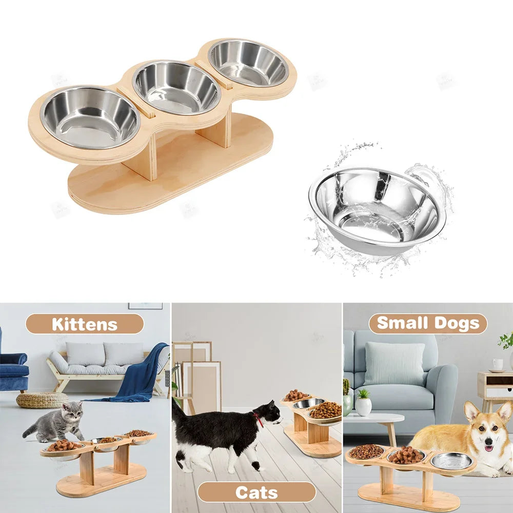 Anti Knock Pet Food Bowl with 3 Stainless Steel Bowls Wooden Pet Bowl Rack  Adjustable and Detachable Suitable for Cats and Dogs