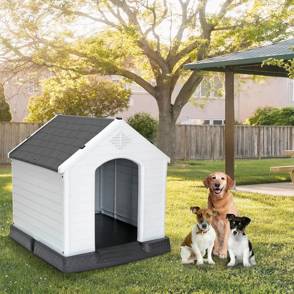 Weatherproof Insulated Dog Kennel with Air Vents, Elevated Floor for Indoor/Outdoor Use, Easy Assembly, Grey, 28 Inch
