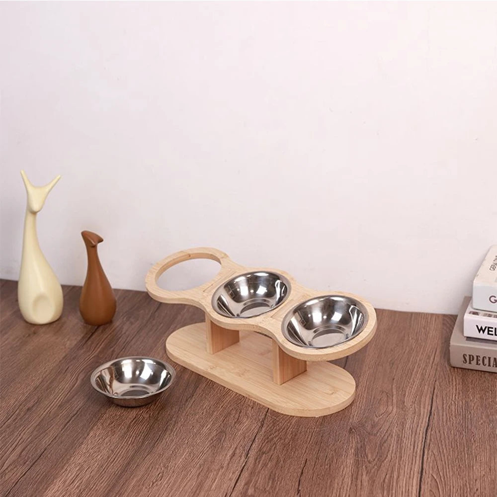 Anti Knock Pet Food Bowl with 3 Stainless Steel Bowls Wooden Pet Bowl Rack  Adjustable and Detachable Suitable for Cats and Dogs