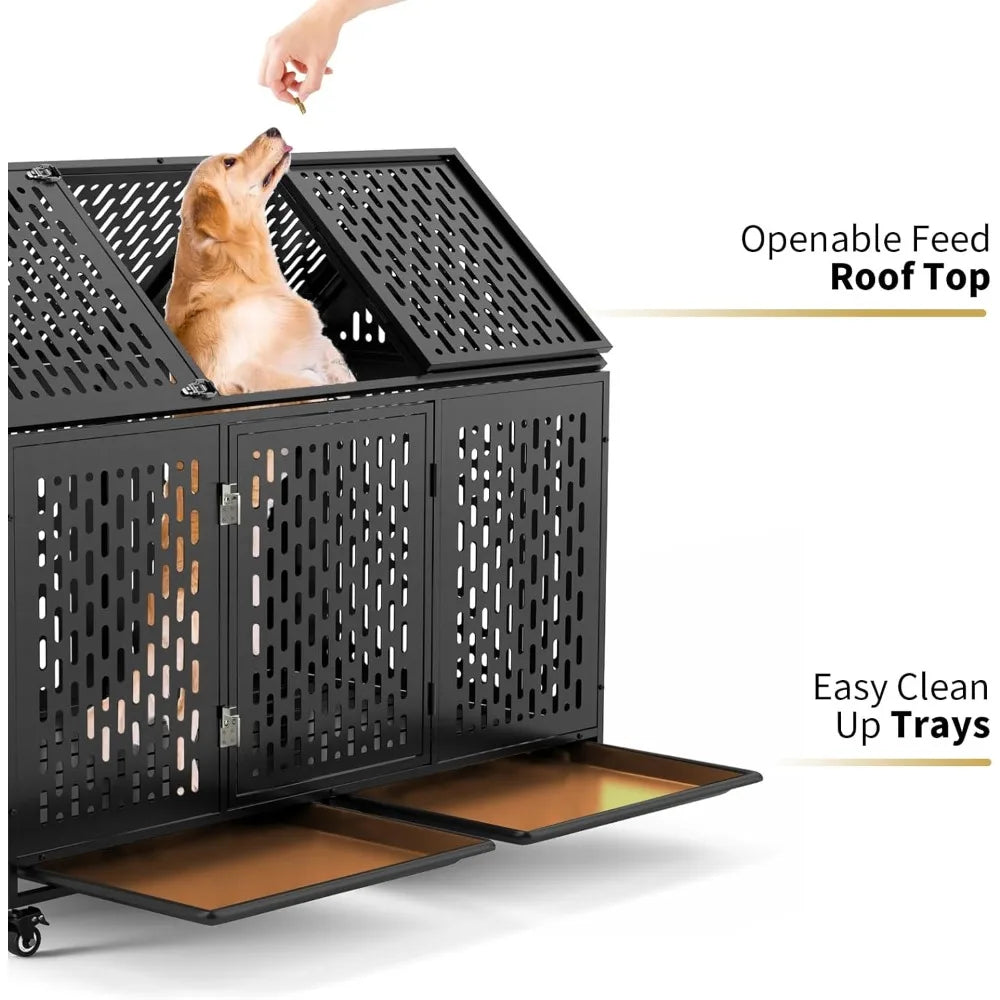 52 Inch Heavy Duty Dog Crate Extra Large Dog Cage, Indestructible XXL Dog Crate Kennel with Open Roof Top, Trays and Wheels,