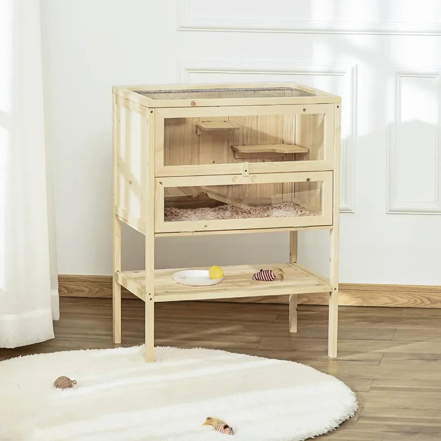 3Tier Wooden Hamster Cage Mice and Rat Cage Small Animals Hutch with Openable Top Front Door Storage Shelf Natural Wood