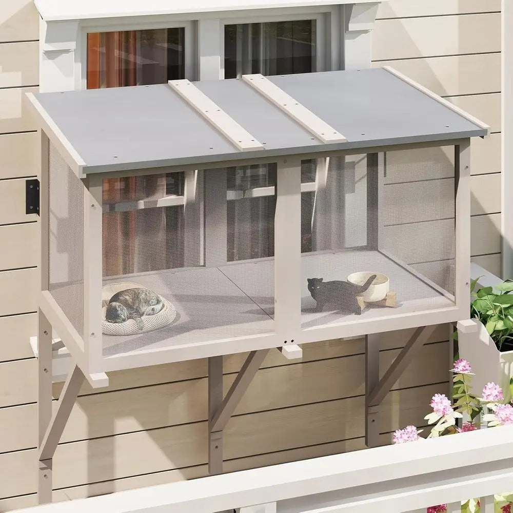 46.8 Long Wooden Window Catio for 1-3 Cats, Outdoor or Indoor, Wall-Mounted Perch for Wood or Cement