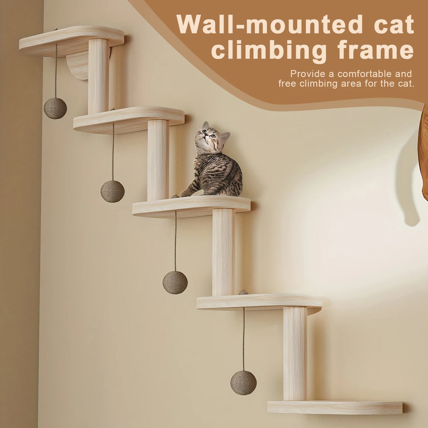 Wall Mounted Wooden Cat Climbing Frame with 5 Step Wooden Cat Ladder Frame Cat Wall Steps Shelves for Climb Play Nap Scratch