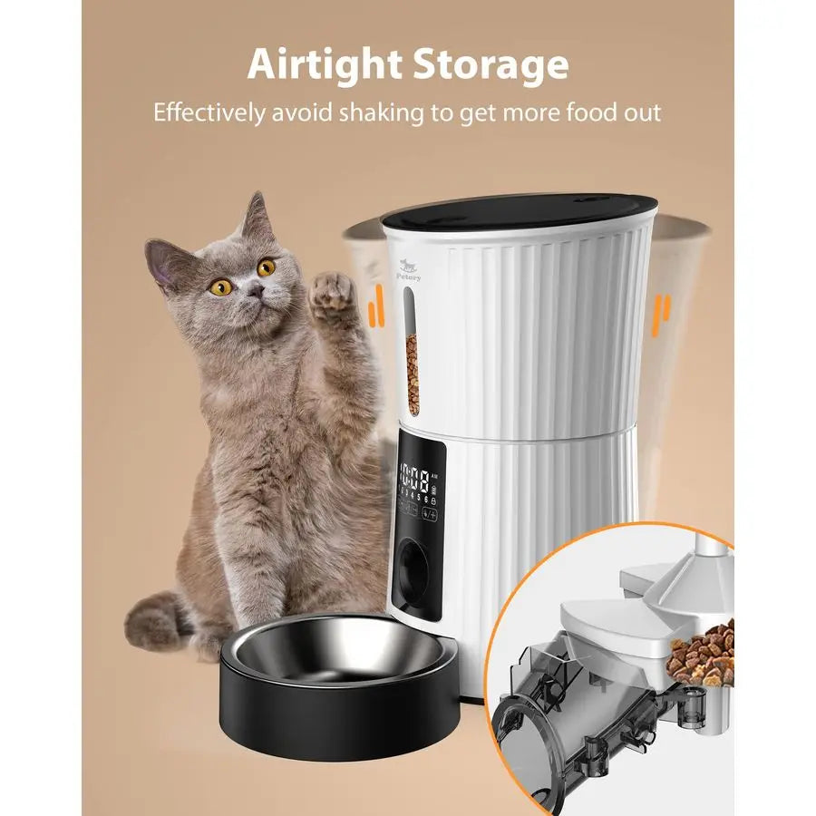 Timed Automatic Cat Feeders 4L Programable Dry Food Dispenser for Cats and Small Medium Dogs 6 Meals with Desiccant Bag Dual Po