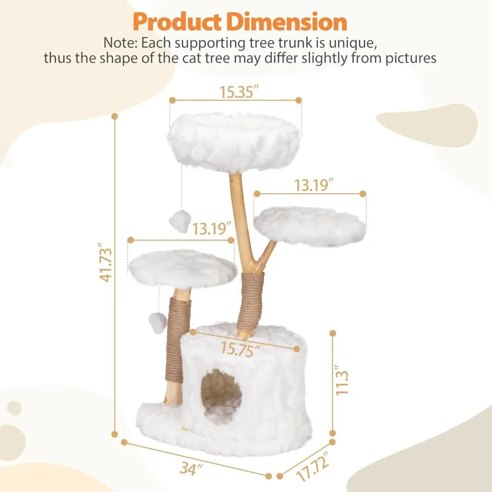 Cloud Cat Tree Tower, Solid Natural Wood Branches, Modern, Aesthetic, Unique, Cat-Approved, 34" L x 17.7" W x 41.7", Customized