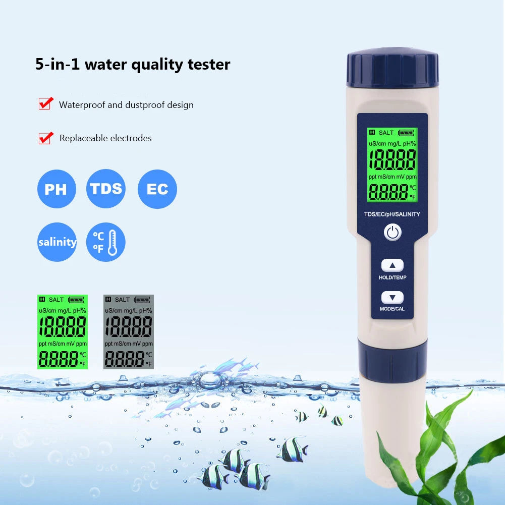 5 in 1 Digital TDS/EC/PH/Salinity/Temperature Meter PH TDS EC Salinity Temp Meter PH/EC/TDS/Salinity/Temp Multifunction Tester