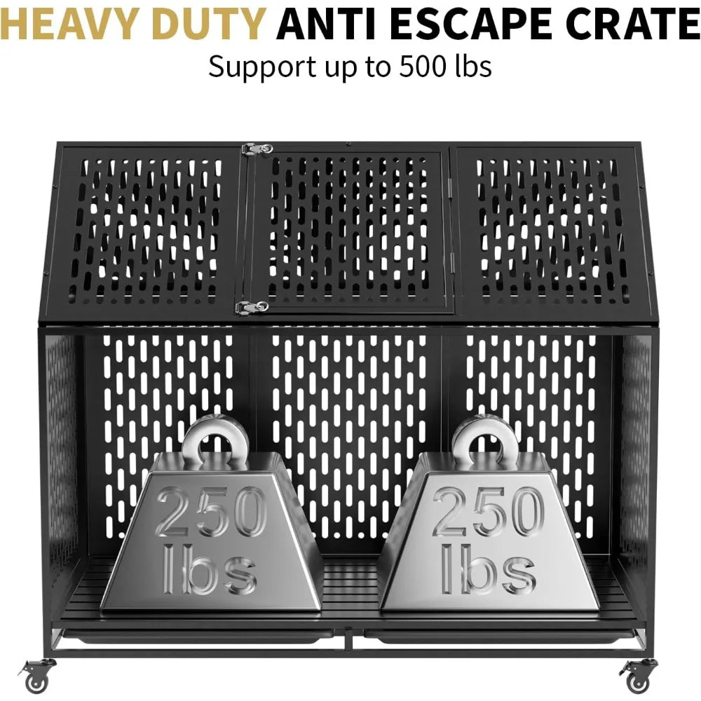 52 Inch Heavy Duty Dog Crate Extra Large Dog Cage, Indestructible XXL Dog Crate Kennel with Open Roof Top, Trays and Wheels,