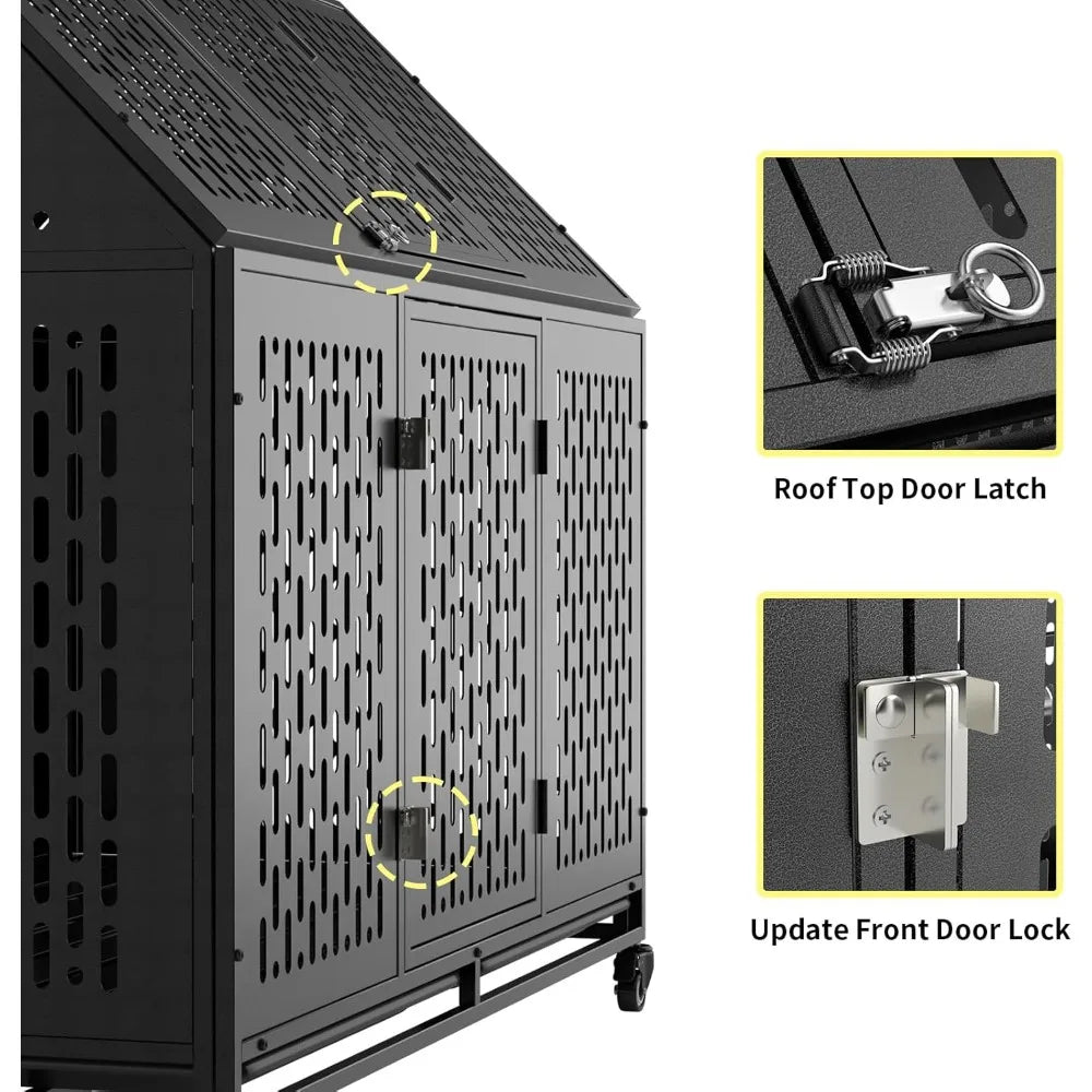 52 Inch Heavy Duty Dog Crate Extra Large Dog Cage, Indestructible XXL Dog Crate Kennel with Open Roof Top, Trays and Wheels,