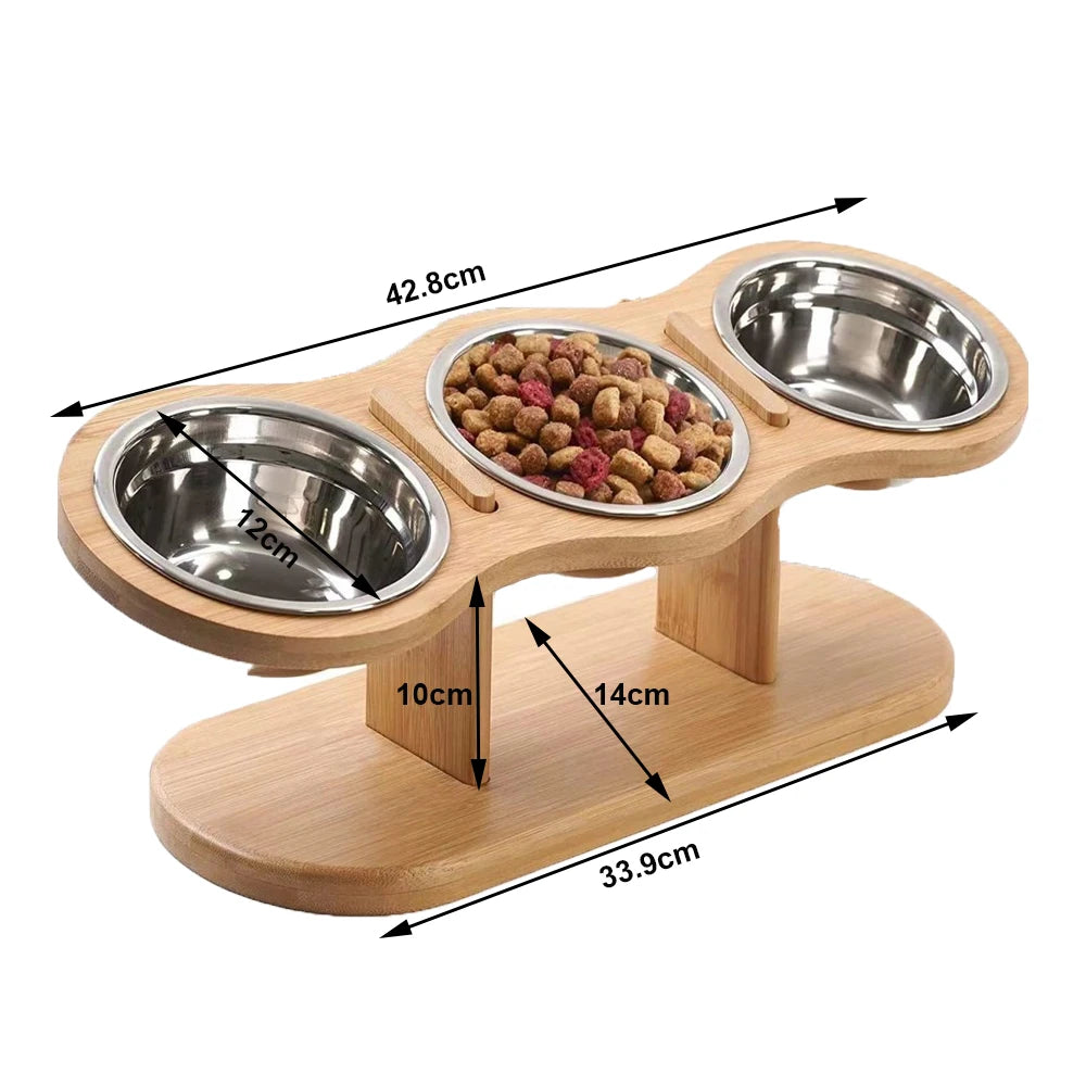 Anti Knock Pet Food Bowl with 3 Stainless Steel Bowls Wooden Pet Bowl Rack  Adjustable and Detachable Suitable for Cats and Dogs