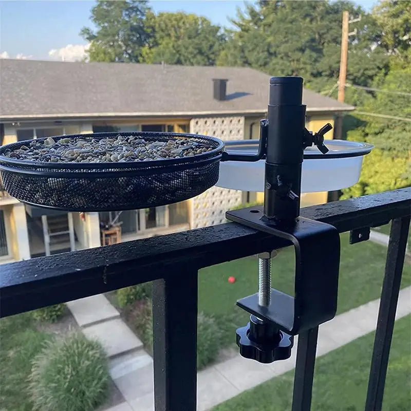 Balcony Bird Feeder Adjustable Deck Mounted Bird Water Bowl 360-Degree Rotatable Feeding Station Flower Pot Stand For Balcony