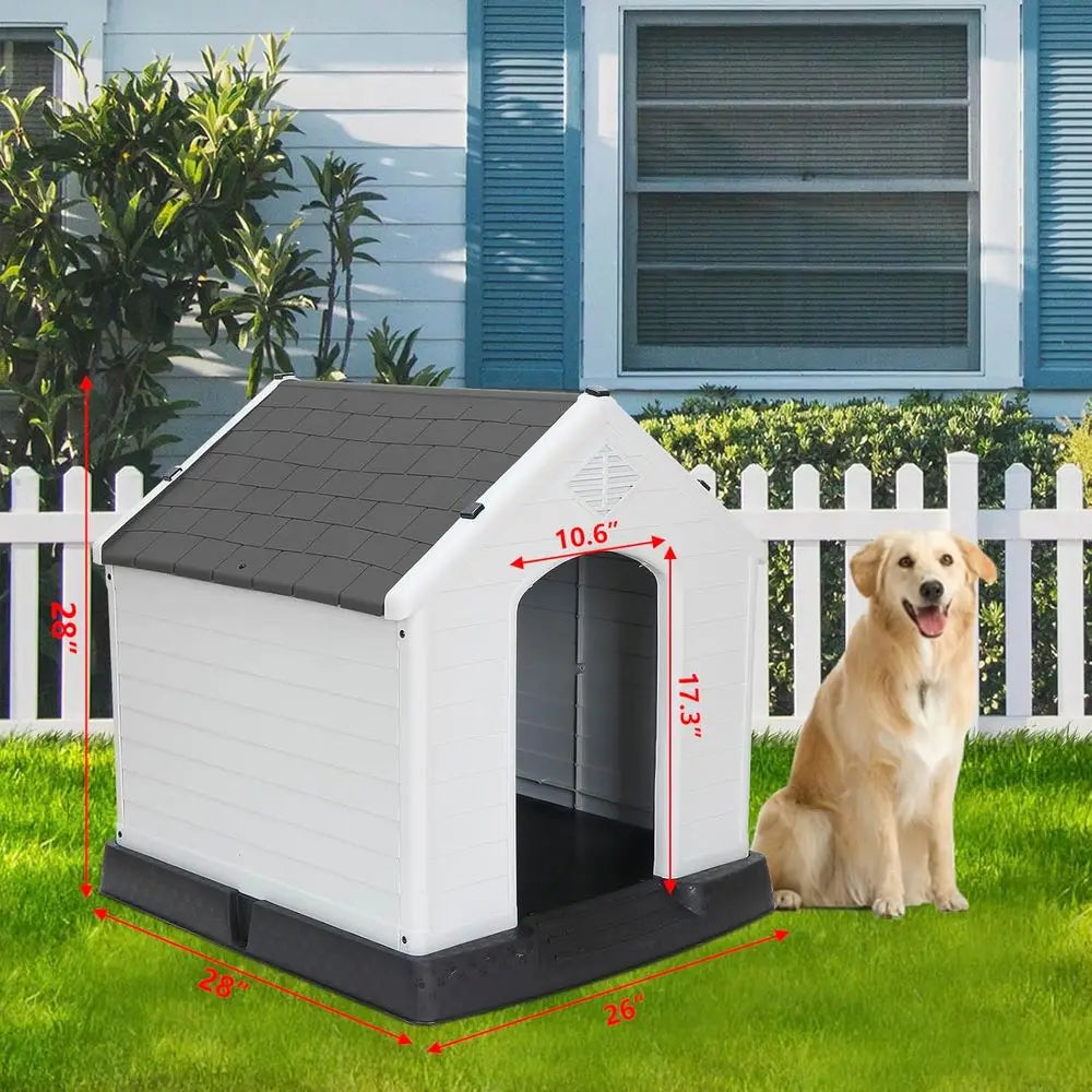 Weatherproof Insulated Dog Kennel with Air Vents, Elevated Floor for Indoor/Outdoor Use, Easy Assembly, Grey, 28 Inch