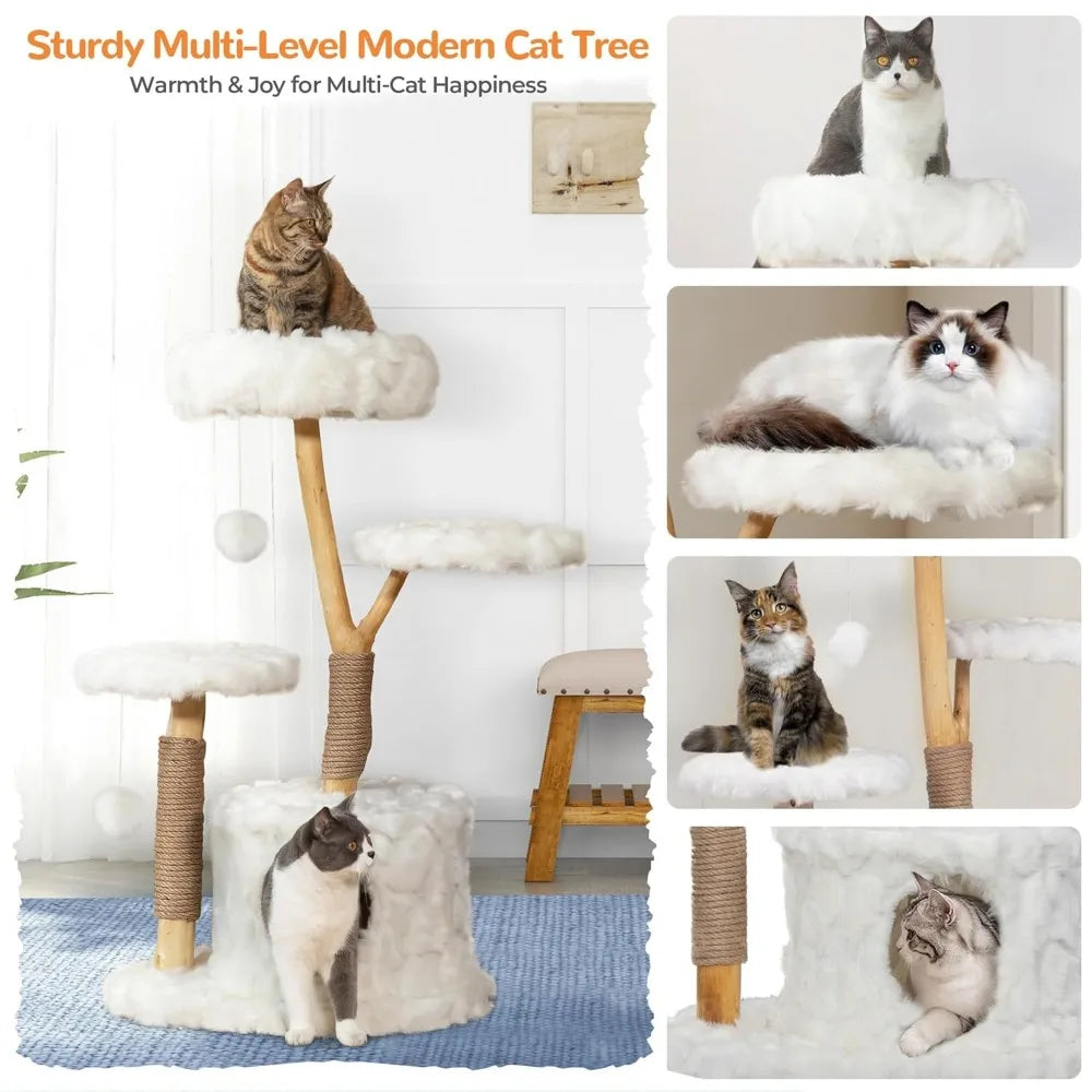 Cloud Cat Tree Tower, Solid Natural Wood Branches, Modern, Aesthetic, Unique, Cat-Approved, 34" L x 17.7" W x 41.7", Customized