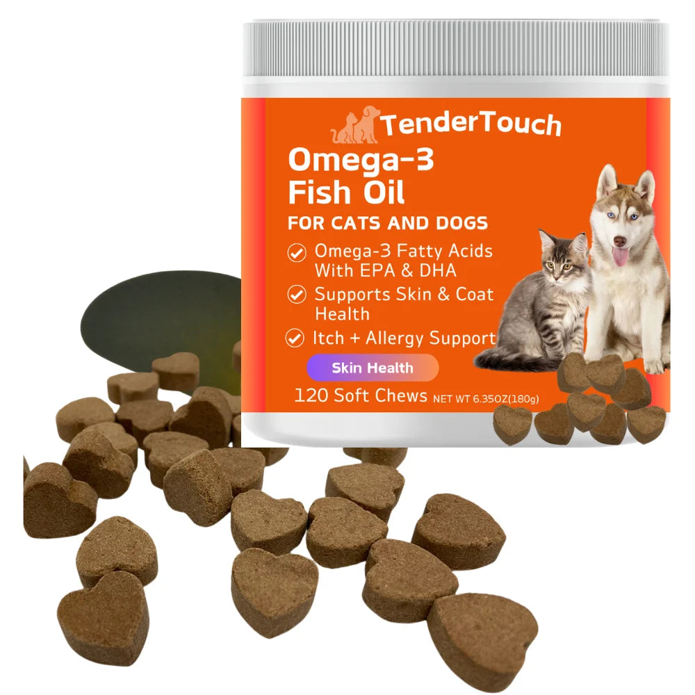 240 Chews - 2 Pack (2 x 180g/6.35oz) 360g/12.7oz - TenderTouch Omega 3 Fish Oil Supplement for Dogs & Cats, Omega 3 Fish Oil