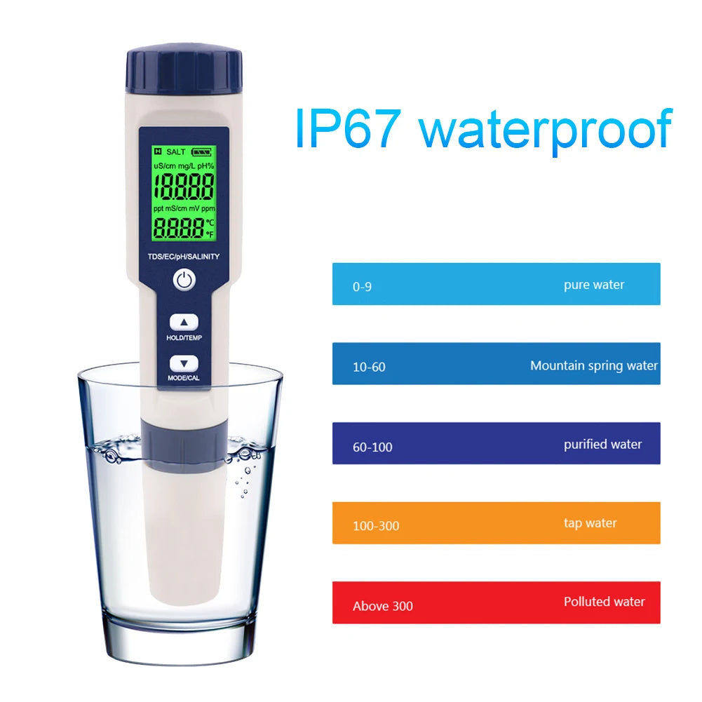 5 in 1 Digital TDS/EC/PH/Salinity/Temperature Meter PH TDS EC Salinity Temp Meter PH/EC/TDS/Salinity/Temp Multifunction Tester