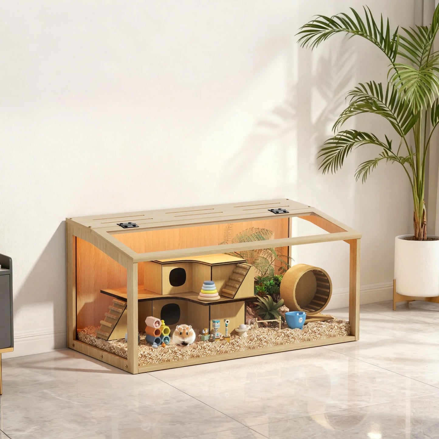60/80CM Hamster Cage Chewproof Wooden Guinea Pig Cages Habitat House Tempered Glass Panels Built-in LED Light