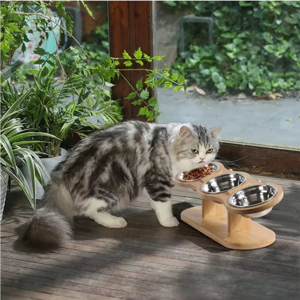 Anti Knock Pet Food Bowl with 3 Stainless Steel Bowls Wooden Pet Bowl Rack  Adjustable and Detachable Suitable for Cats and Dogs