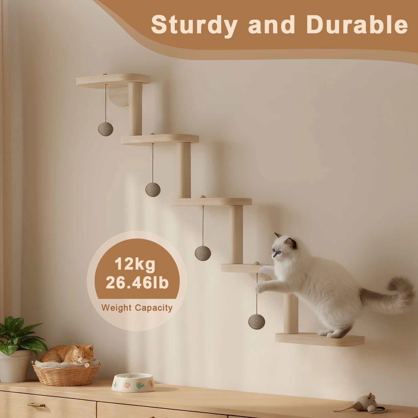 Wall Mounted Wooden Cat Climbing Frame with 5 Step Wooden Cat Ladder Frame Cat Wall Steps Shelves for Climb Play Nap Scratch