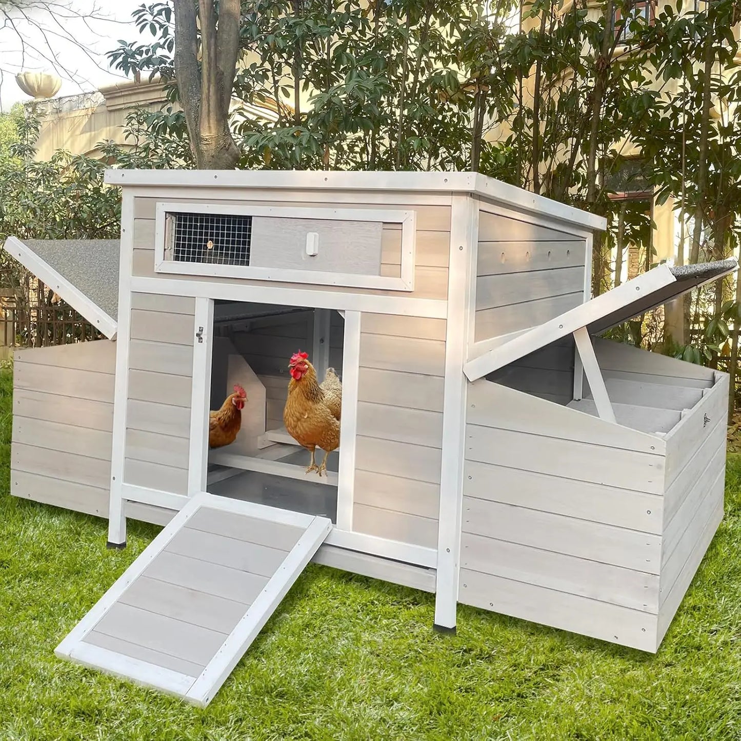Chicken Coop, 58" Wooden Chicken Coop with 2 Sides Large Nesting Boxes for 4-6 Chickens, Poultry Hutch Rabbit Cage, Customized